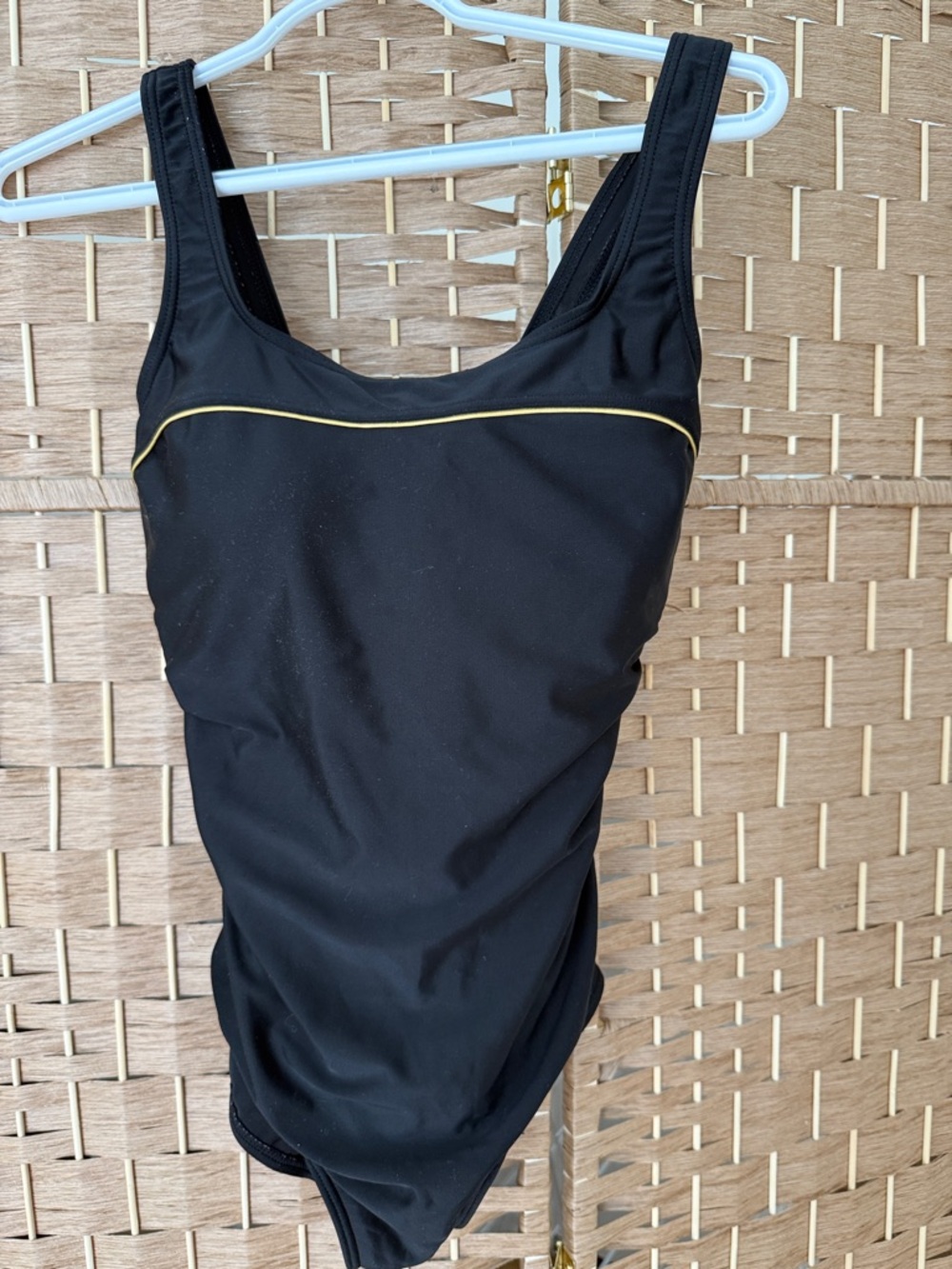 Simon Chang Classic Black One-Piece Swimsuit with Subtle Gold Piping